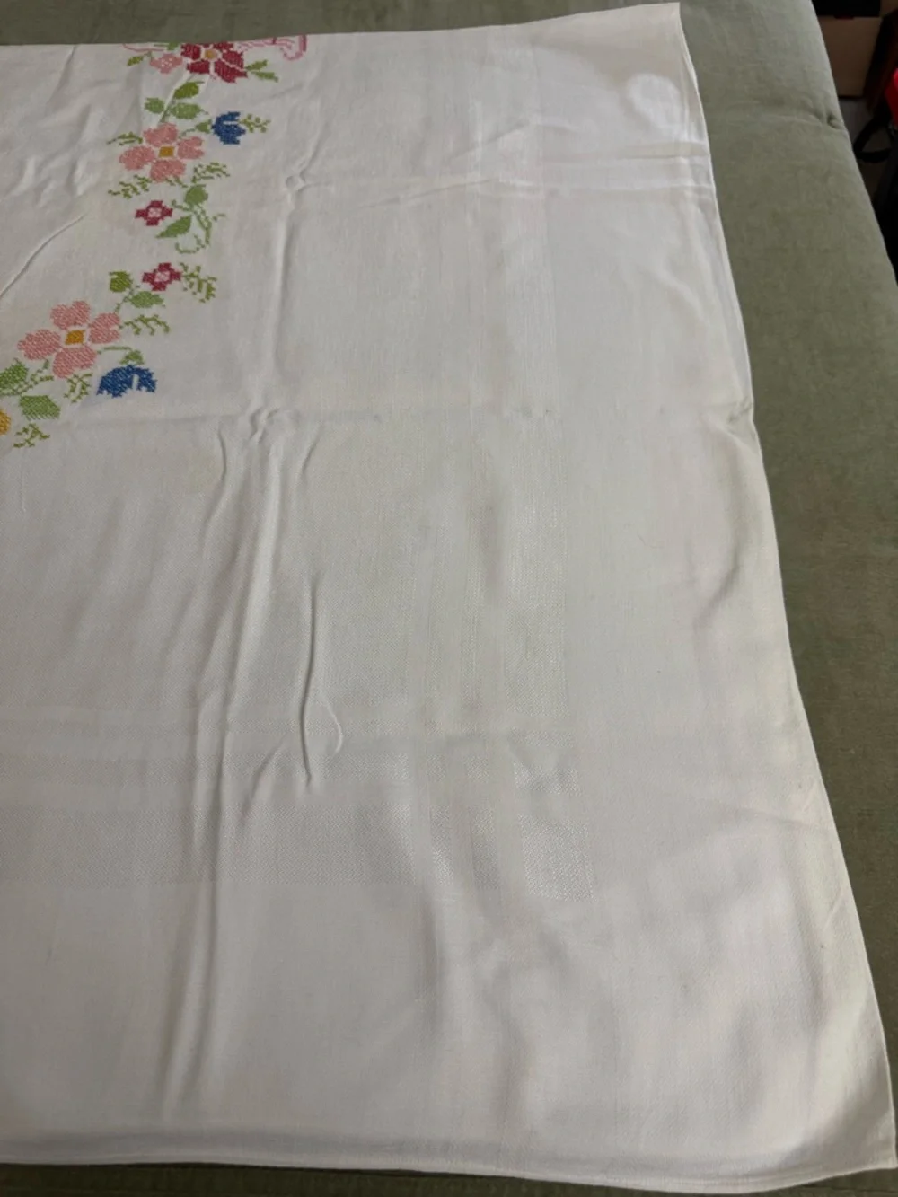 Embroidered Floral Linen Tablecloth - White with Pastel Flowers  OSK